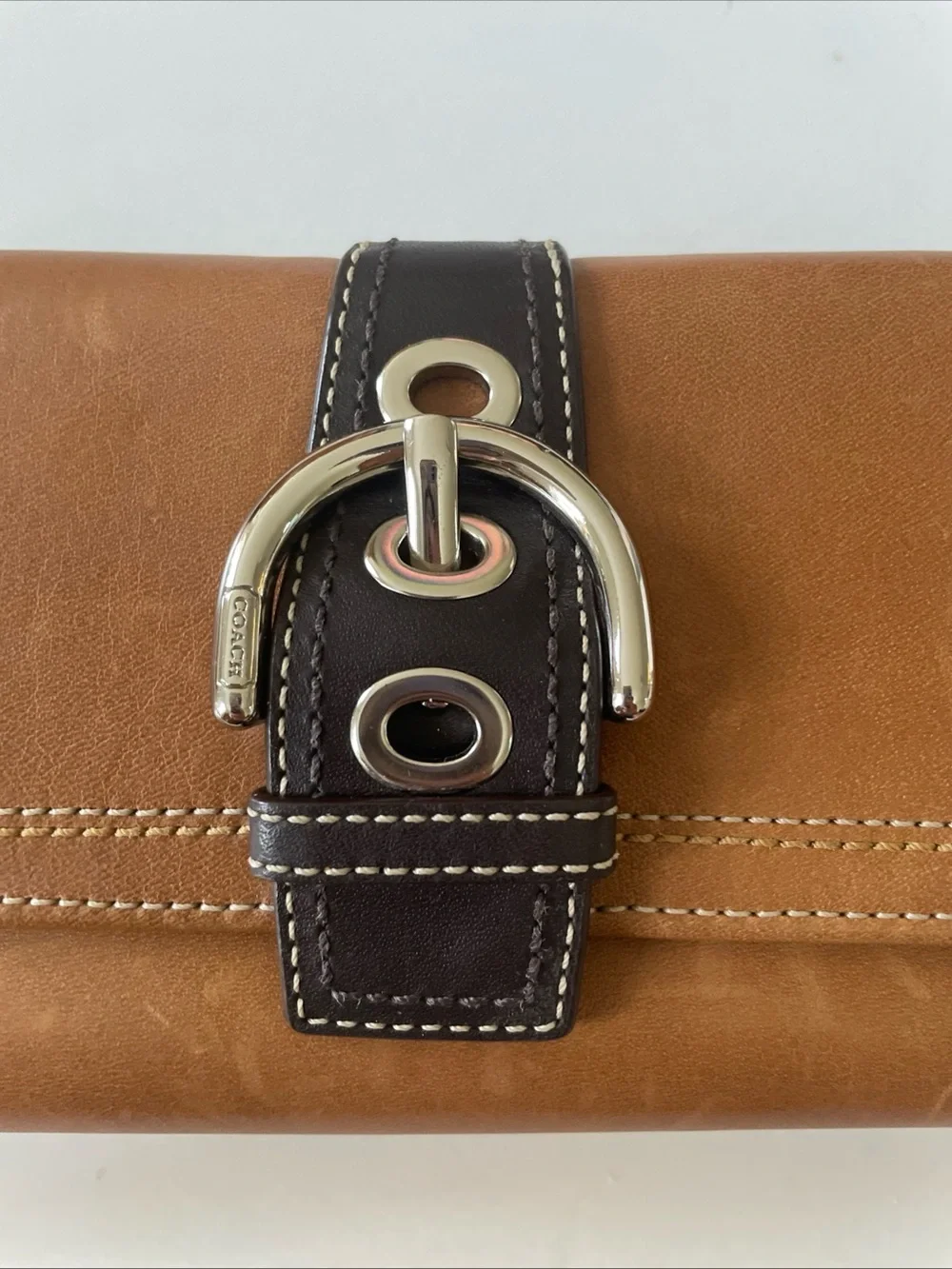 Coach Tan and Dark Brown Leather Buckle Continental Wallet